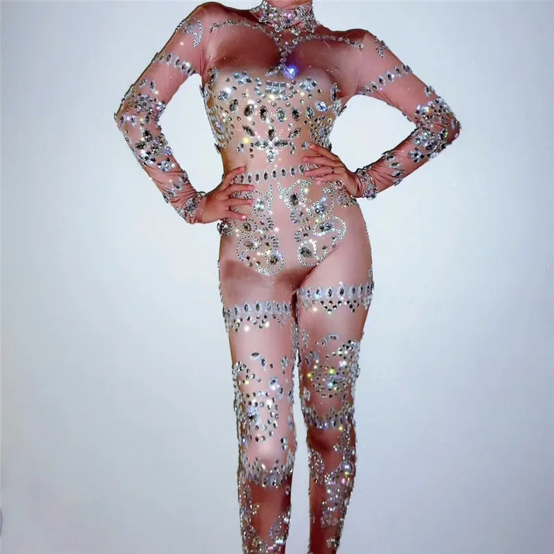 

F86 Ballroom dance Rhinestone jumpsuit stage wears dj bodysuit singer nude diamonds prom costumes catwalk performance outfit bar