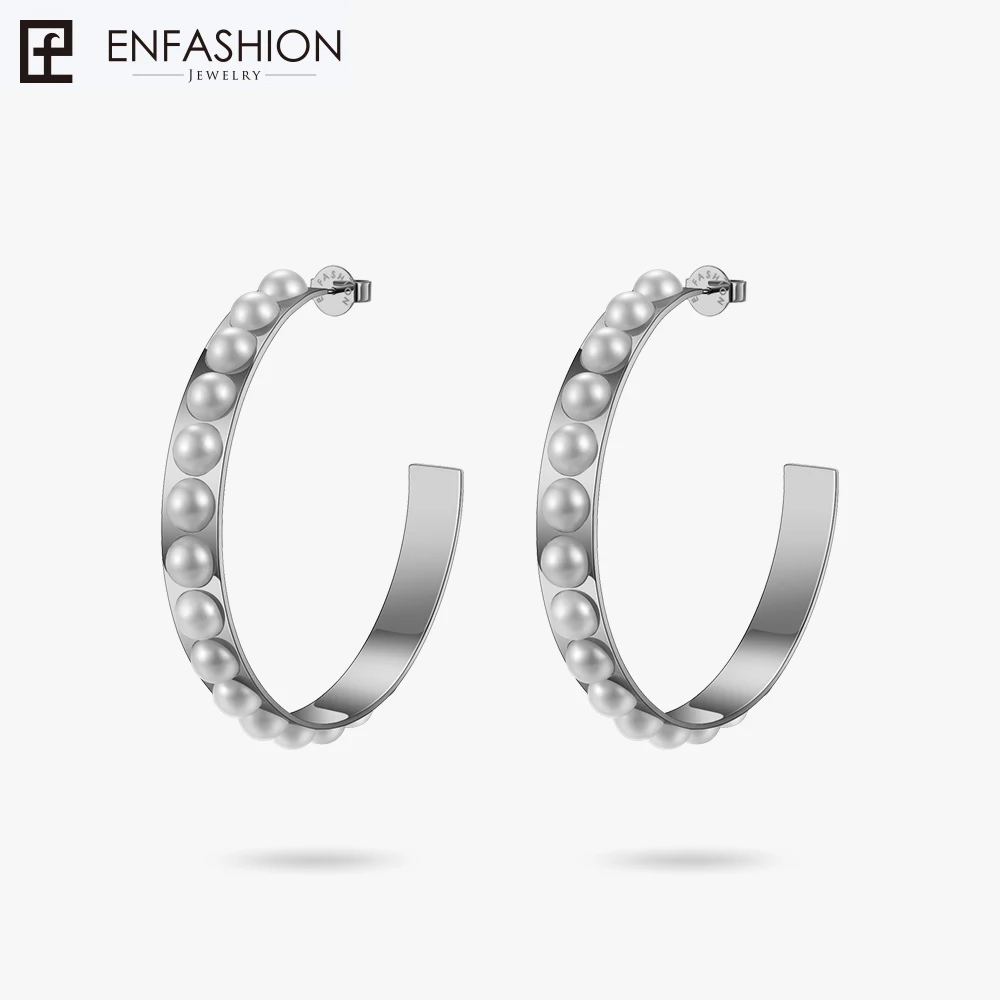 Enfashion, большие жемчужные серьги-кольца для женщин, ювелирные изделия из нержавеющей стали, круглые серьги-обручи, круглые серьги Orecchini Cerchio 181061 - Окраска металла: Silver color