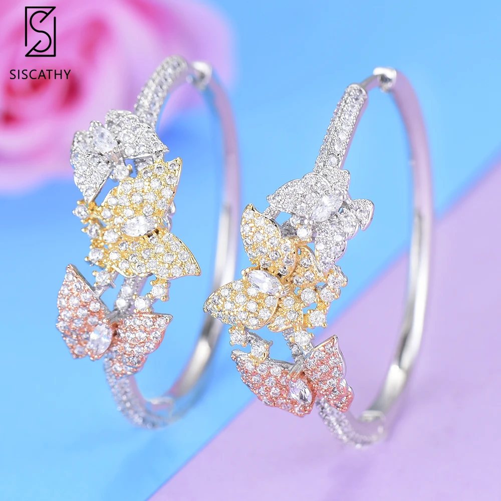 SisCathy Trendy Butterfly Big Hoop Earrings Cubic Zircon Statement Wedding DUBAI Bridal Round Circle For Women | Украшения и