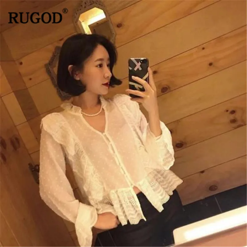 

RUGOD Elegant Polka Dot Printed White Blouse Ruffle Flare Sleeve Hollow Out Sexy Shirts Women V Neck Tops and Blouses Female2020