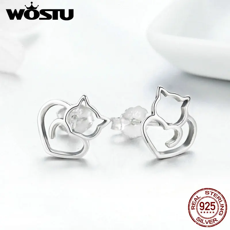 Женские серьги гвоздики WOSTU из стерлингового серебра 925 пробы с милым котом