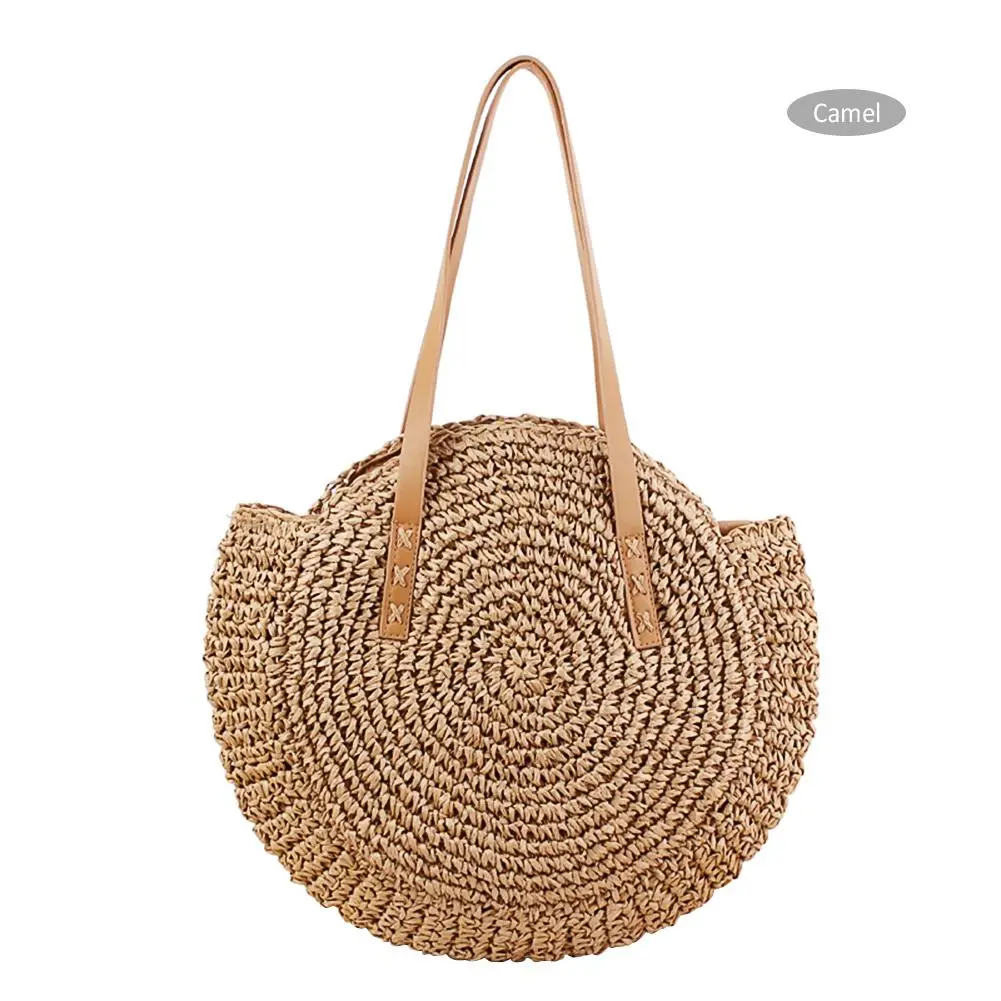 Круглая плетеная вручную женская сумка на плечо богемная летняя Соломенная
