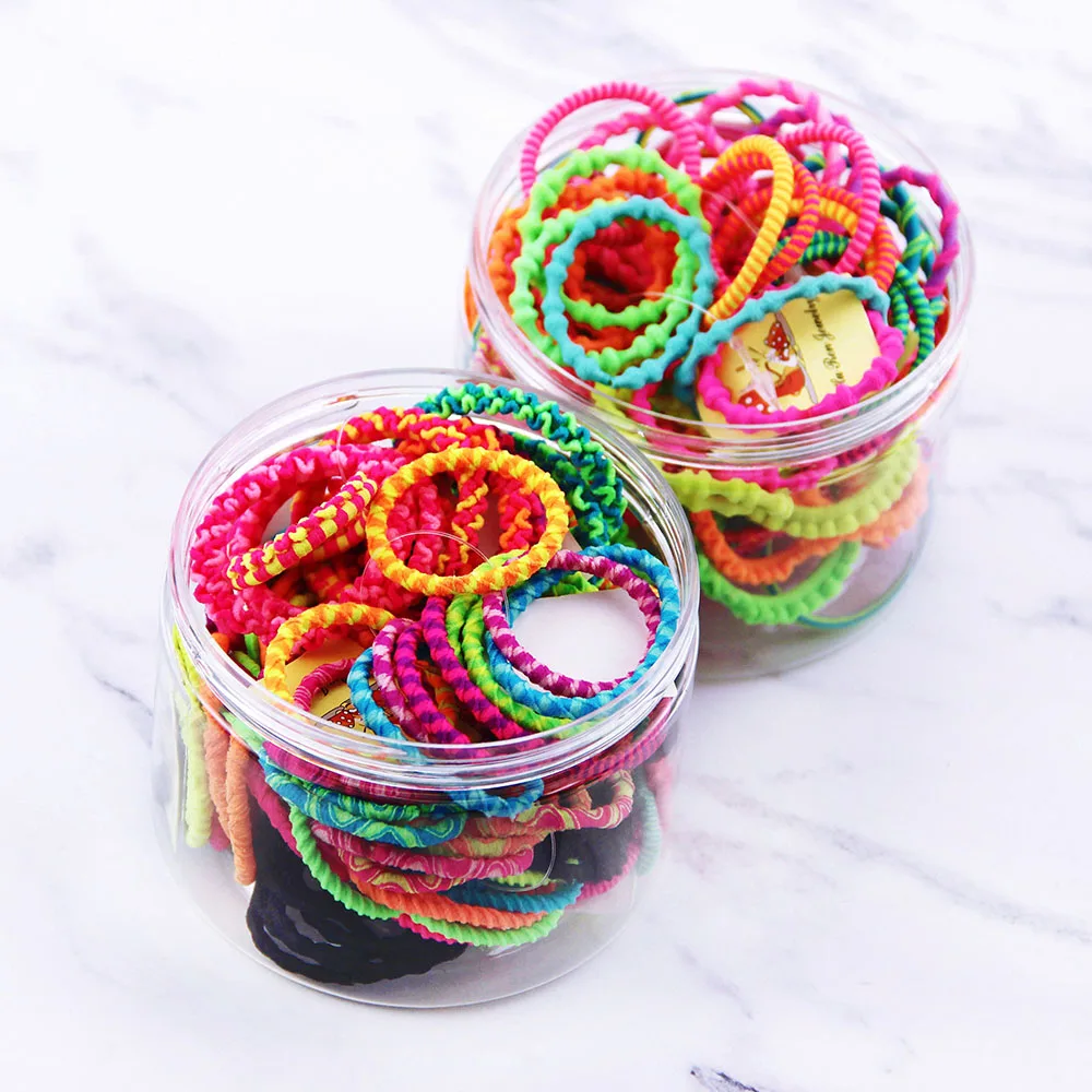 100 шт./компл. Новые Детские аксессуары для волос резинка для волос, обтянутая тканью; трикотажные резинки для волос резинки для прически "конский хвост" для девочек младшего возраста с коробкой