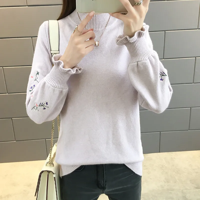 2019 Autumn Winter Korean Half Turtleneck Sweater Jacket Women Sembroidery Long Sleeve Set head All-match knitted Woman | Женская одежда
