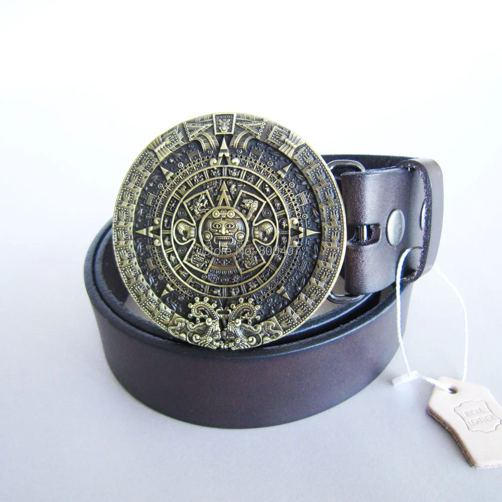 

Bronze Plated Original Aztec Calendar Round Belt Buckle W Dark Coffee Genuine Leather Belt Gurtel Boucle de ceinture Free Ship