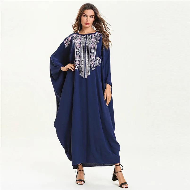 Роскошные вышитые турецкого исламского Костюмы Ice Silk изящный темно синий
