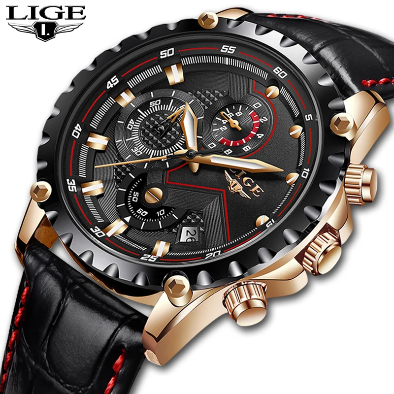 LIGE Top Brand Luxury Watch Men Fashion Casual Leather Watches Mens Military Sport Waterproof Quartz Relogio Masculino+Box | Наручные