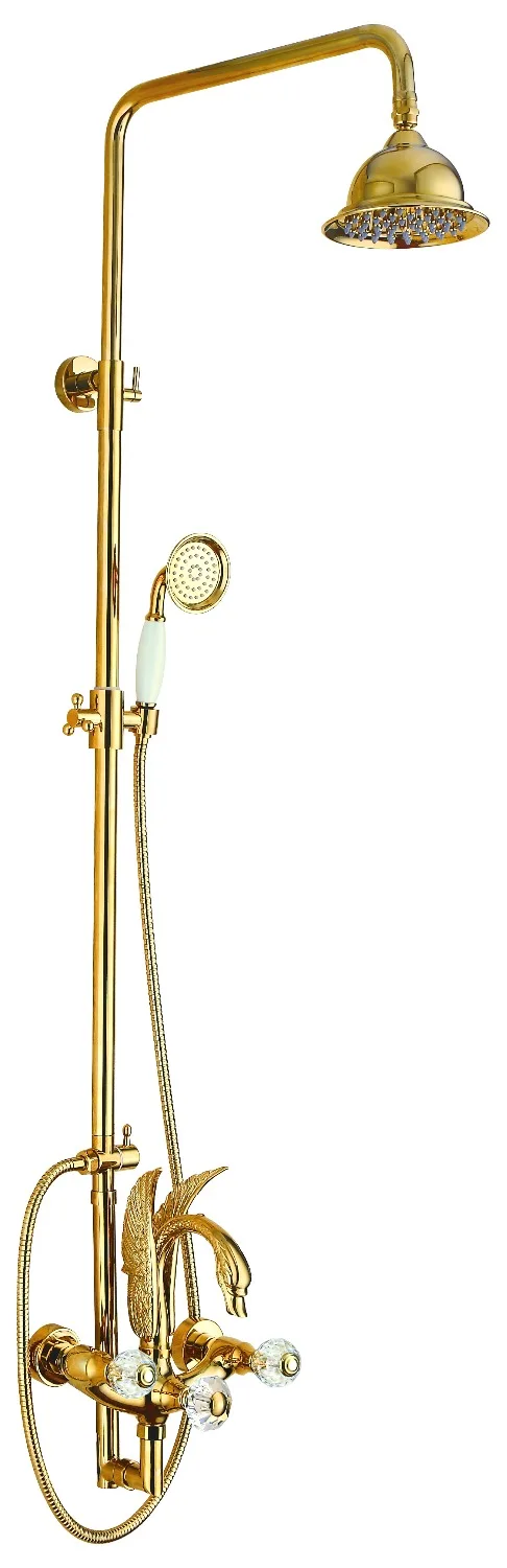 

Free standing Ti-Gold wall mounted Crystal swan Bath Tub Rainfall shower Filler Faucet with Handshower