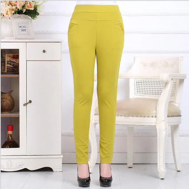 Bright Yellow Летние леггинсы для Для женщин Повседневное длинные Высокая Талия Брюки Карамельный цвет тонкий карандаш брюки декорированные пуговицами плюс Размеры LG43 - Цвет: Bright Yellow