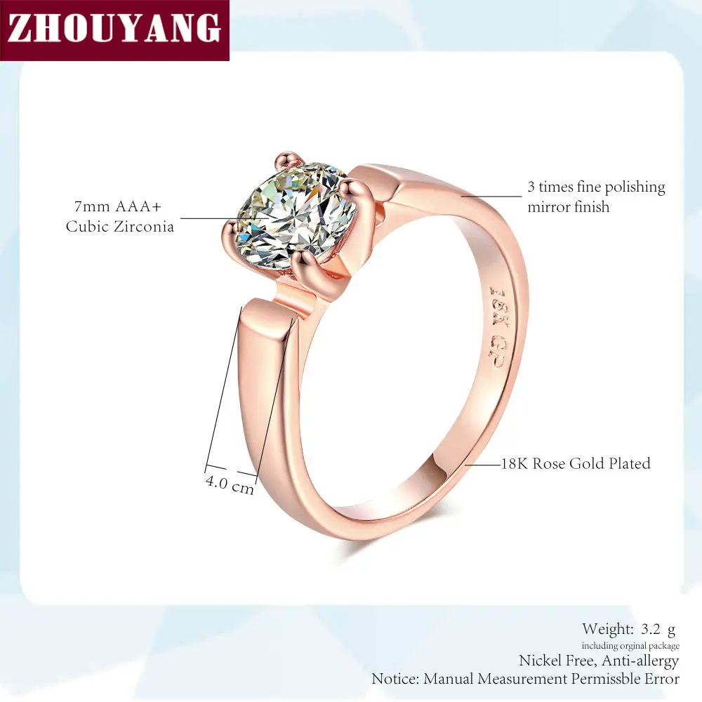 ZHOUYANG, обручальное кольцо для женщин, 4 зубца, классика, 7 мм, кубический цирконий, розовое золото, цвет и серебро, модное ювелирное изделие ZYR054 ZYR053
