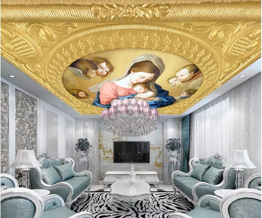 Фотообои на заказ 3d потолочные фрески картина маслом надпись love of the Virgin Mary