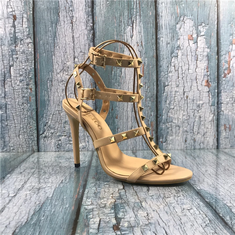 Kmeioo Fashion Ladies Shoes Rivets Studded Sandals Gladiator Buckle Strap Woman Thin Heel 12CM Hollow Out Stilettos | Обувь