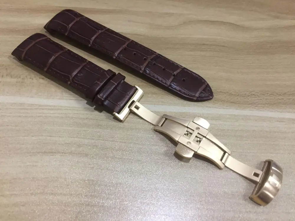 With Gold Buckle 23 мм(Пряжка 20 мм) T035617A T035439 Высококачественная Серебряная Пряжка-бабочка+ коричневый ремешок из натуральной кожи с изогнутым концом для T035 - Цвет ремешка: With Gold Buckle