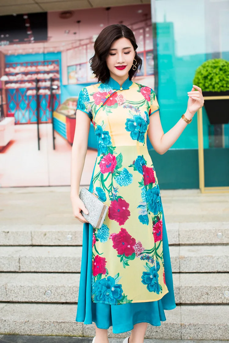 

Summer print floral Ao Dai Vietnamese women dresses elegant