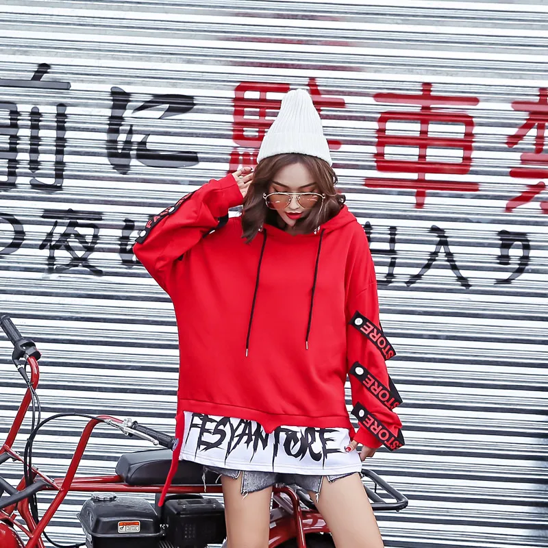 Женская толстовка с капюшоном Красная в стиле панк длинным рукавом пуловеры