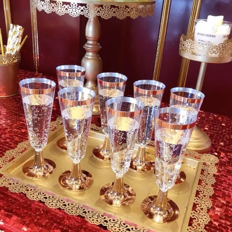 

High Quality 150 ml Plastic Rose Gold Rimmed Clear Hard Disposable Party Wedding Cups Premium Fancy Champagne Glasses flutes