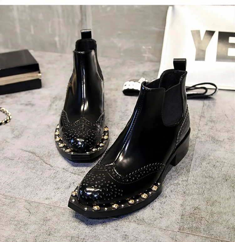 Winter Shoes Woman 2019 Black Patent Leather Women Boots Luxury Rivet Decor Square Heels Botas Mujer Slip On Ankle Chelsea | Обувь