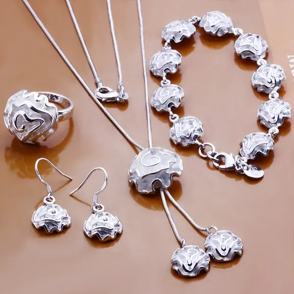 Бесплатная доставка с серебряным покрытием Роуз формы браслет ожерелья и кольца