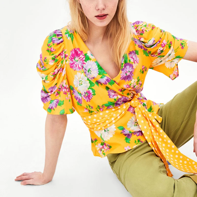 bagomoto Dotted Floral Print Elegant Shirt Tops Deep V Blouse 2018 Women Casual Chiffon Belt Decoration Top blusas |