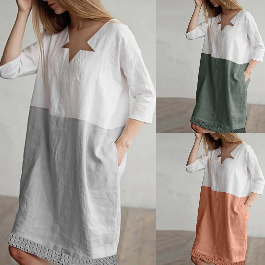 Женское повседневное свободное платье элегантное с v-образным вырезом и рукавами