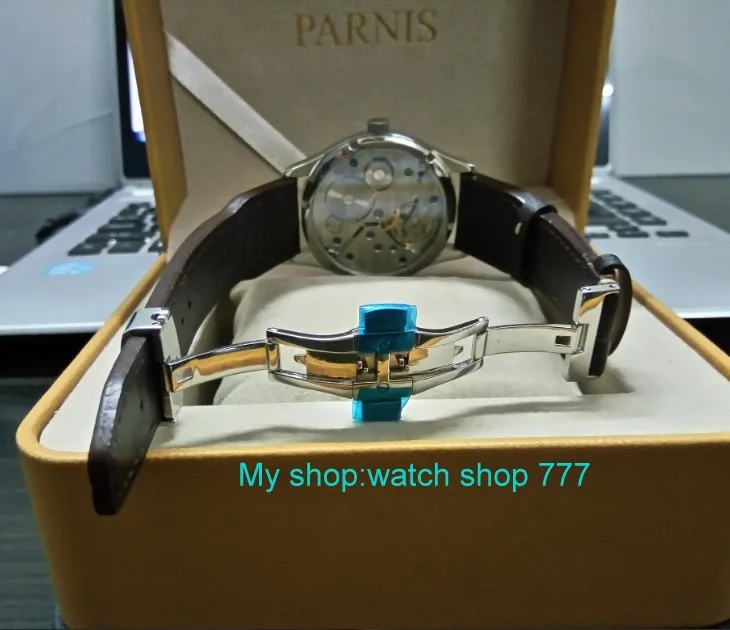Бабочка Пряжка 44 мм PARNIS белый циферблат синие стрелки 17 jewels ST3600/6497 механические мужские часы sd101A