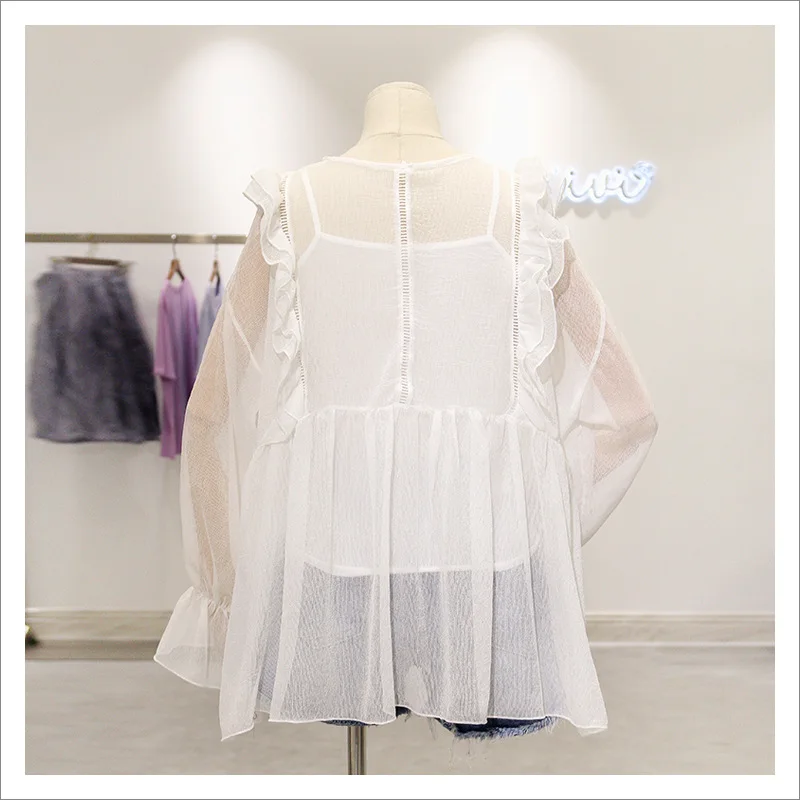 LARCI Chiffon Perspective Shirt Ruffles Design Blouse 2018 Spring New Long Flare Sleeve Tops Woman Sexy V-neck Shirts ON862C |
