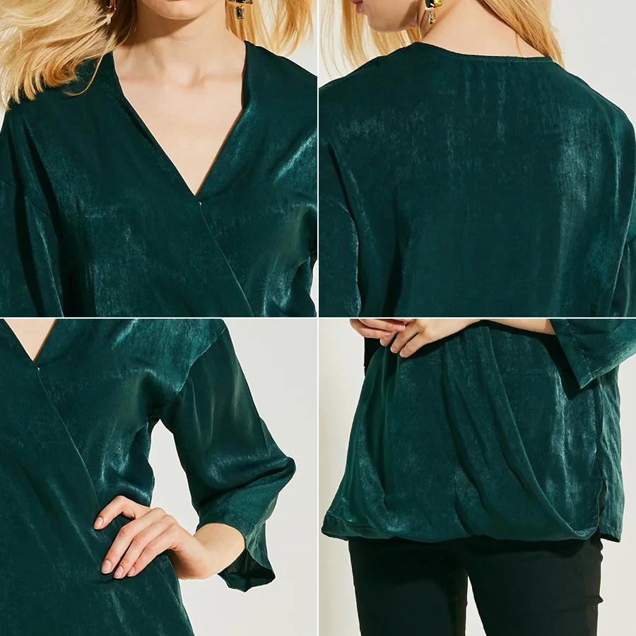 Miegofce 2018 Summer Women Blouse Top V-neck Three-Quarter Sleeve Elegant Solid Green Tops Blusa Feminina |