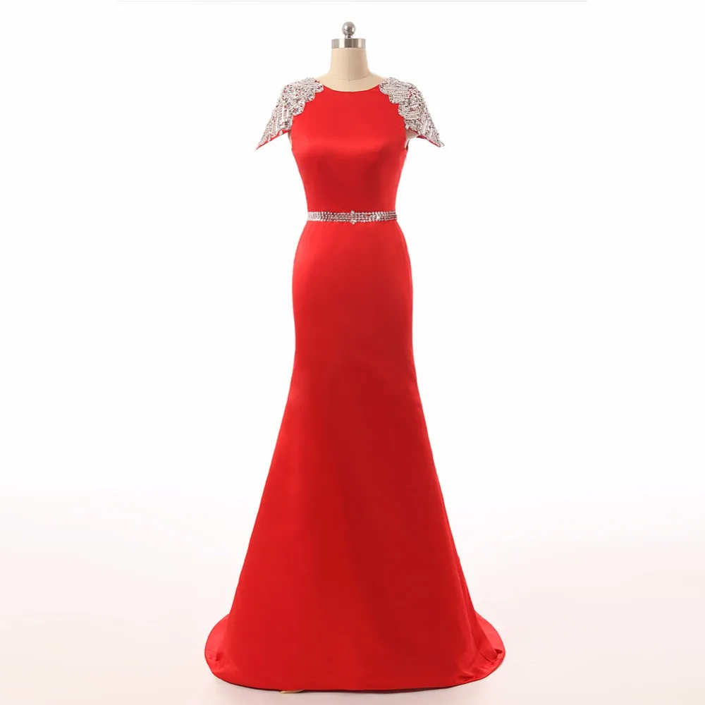 Женское вечернее платье красное с коротким рукавом и бусинами|prom dresses|prom dress