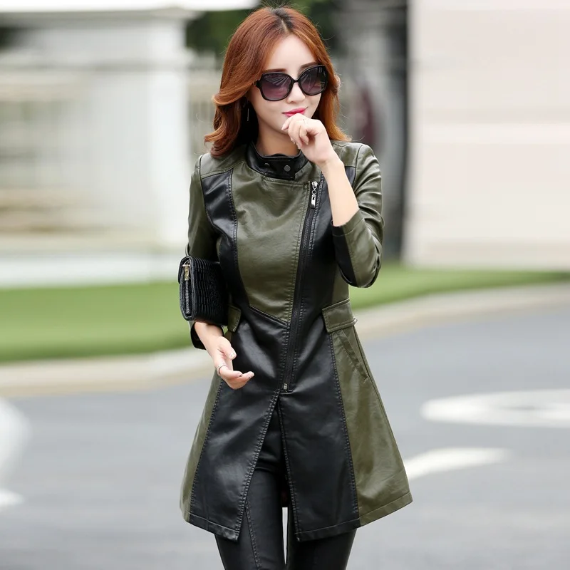 

Plus Size Long Leather Jacket Women New 2018 Spring Korean Slim Thin Jaqueta De Couro Long Sleeve Army Green Patchwork KF6608