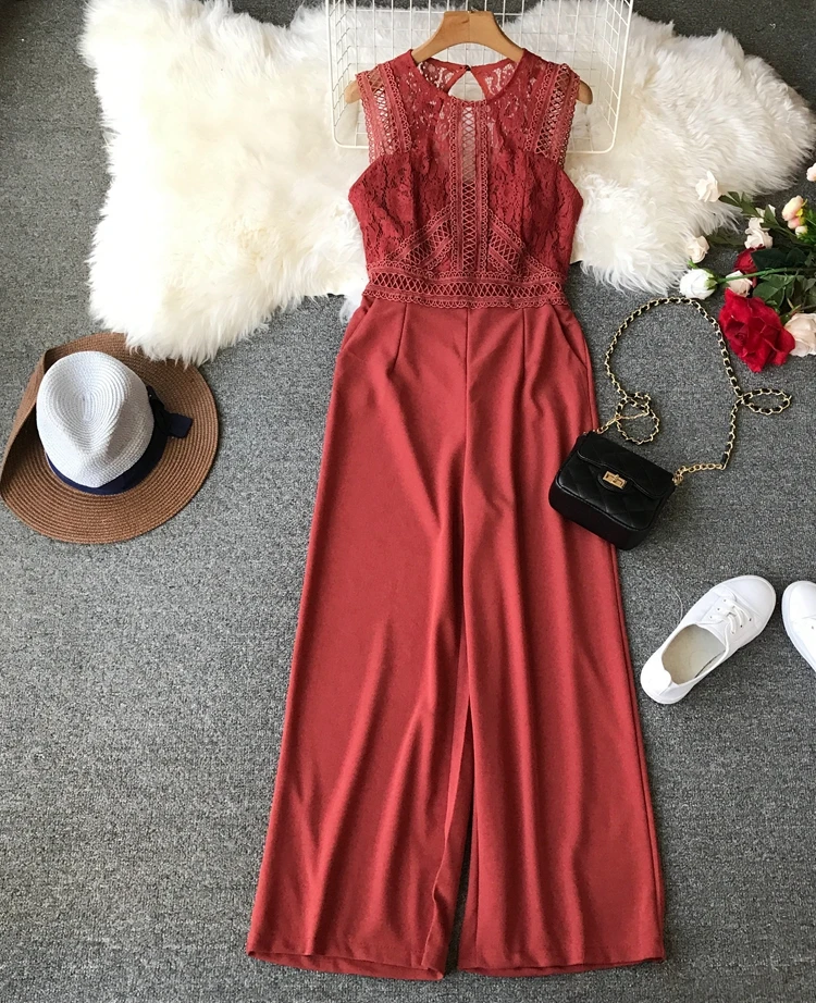 

New Fashion Summer Euro-American Style Hollow Lace Stitching Sleeveless High Waist Wide-Legs Pants Women Vogue Fashion Rompers