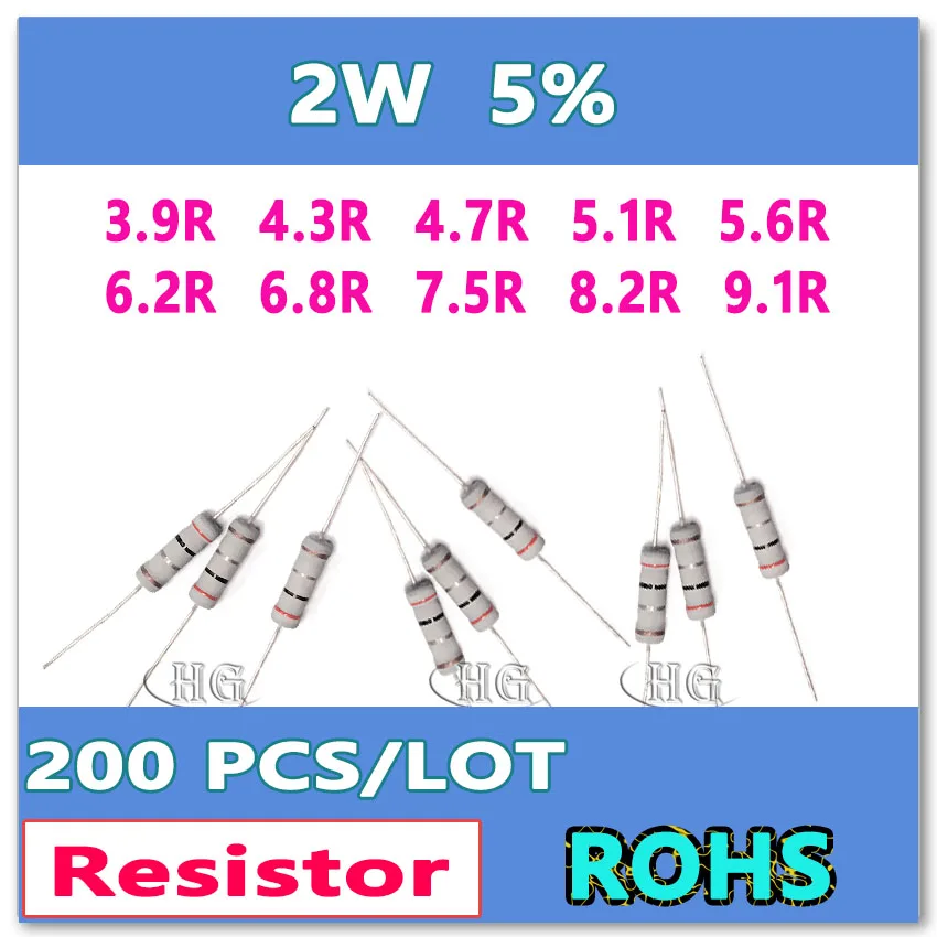 

JASNPROSMA 200PCS/LOT 5% 2W 3.9R 4.3R 4.7R 5.1R 5.6R 6.2R 6.8R 7.5R 8.2R 9.1R carbon film DIP OHM Resistor
