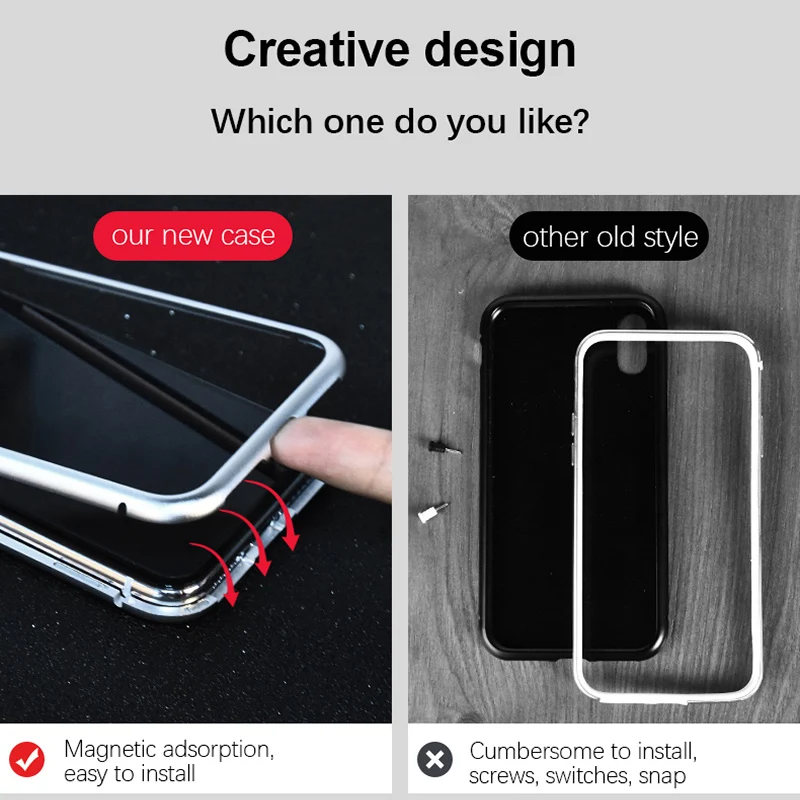 Магнитный металлический чехол для iphone X 7 8 Роскошный из закаленного стекла plus -