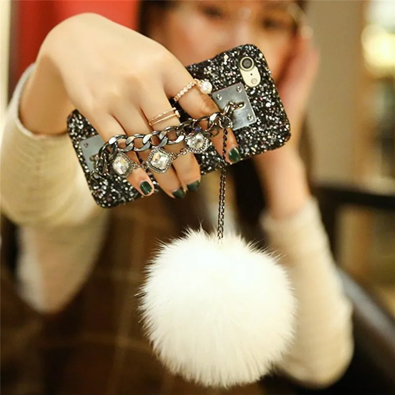 1 шт. Bling чехол для iphone 6 6s 7 8 8 плюс драгоценный металл цепи держатель горный хрусталь кристаллы лисий мех мяч чехол для телефона для iphone X - Цвет: Black and Ball White