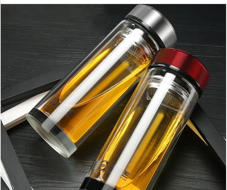 320ml 280ml Business Type Water Bottle Glass Bottle With Stainless Steel Tea Infuser Filter Double Wall Glass Sport Water Tumble