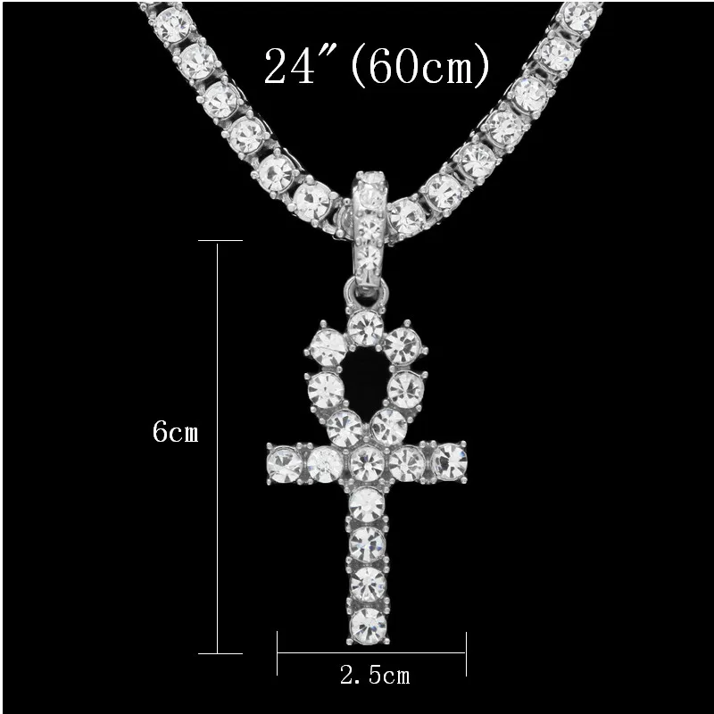 24inch chain silver UWIN ожерелье АНК Египетские украшения хип-хоп стиль Iced Out Bling Стразы ключ к жизни египетский крест кулон с теннисными цепями - Окраска металла: 24inch chain silver