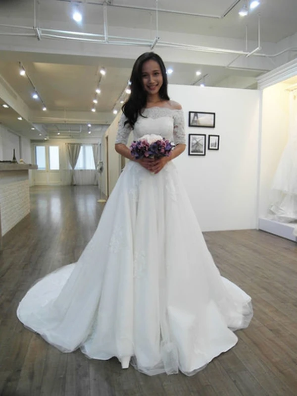 vestido de novia 2019 Lace Applique Boat Neck Half Sleeve Chapel Train Robe De Mariage robe mariee princesse bride dress | Свадьбы и