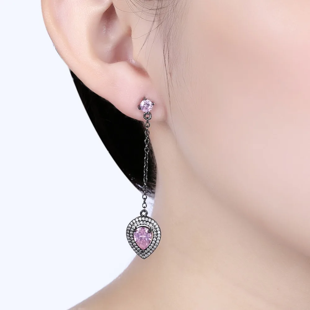 Hiyong моде длинные цепочки серьги розовый cz довольно Teardrop Камень микро проложить