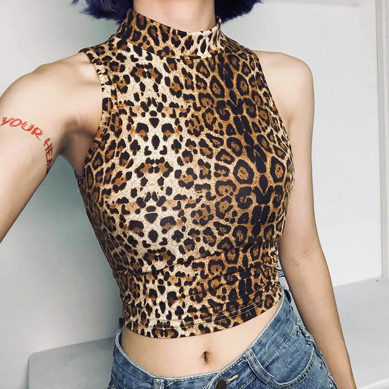 

Spring Summer leopard Tank Tops for Women Sexy Slim Render Camis Skinny Stand Collar Sleeveless Printed T-shirt for Girls