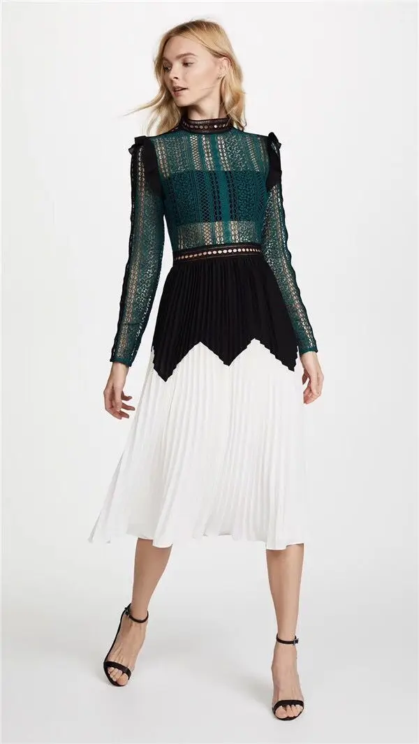 Autumn Self Portrait Lace Dress Runway Women Chiffon Patchwork Long Sleeve Pleated Sexy Crochet Hollow Out Party Dresses | Женская