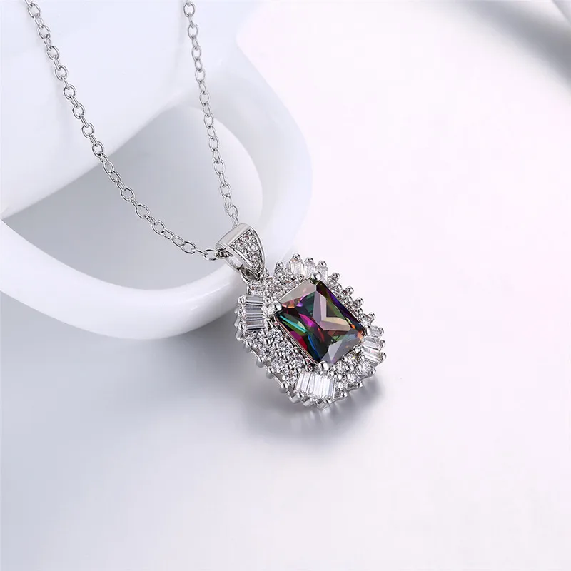 Luxury Trendy Link Chain Colorful Square Crystal Pendant Necklace Fashion Design Flower Jewelry Cubic Zircon Necklaces For Women | Украшения