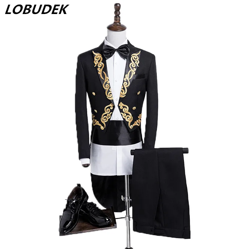 (Пиджак + галстук пояс штаны) костюм мужской фрак мага ласточкин хвост для
