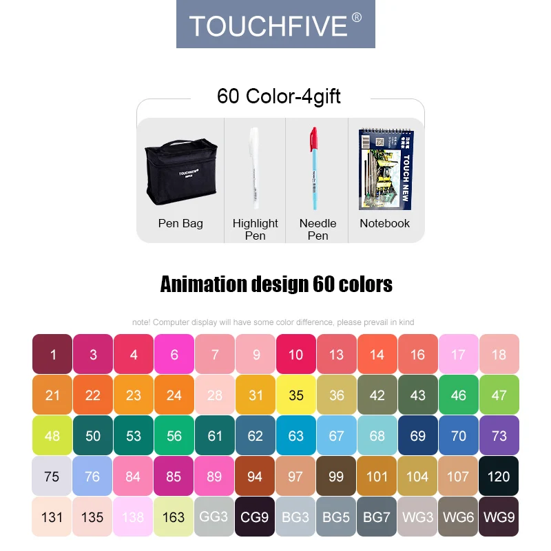 60-colors-Animation TouchFIVE маркеры 40/60/80/168 и 30 штук на выбор, набор профессиональных маркеров на спиртовой основе с двойным наконечником для рисования, эскизов, дизайна, манги и аниме - Цвет: 60-colors-Animation