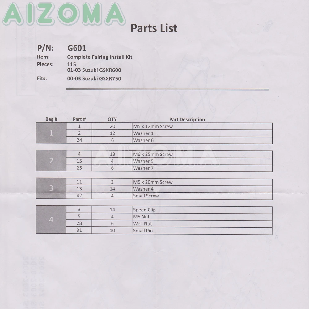 115 шт. полный комплект для установки болтов-обтекателей фиксации шайб Suzuki gsx r600 r750