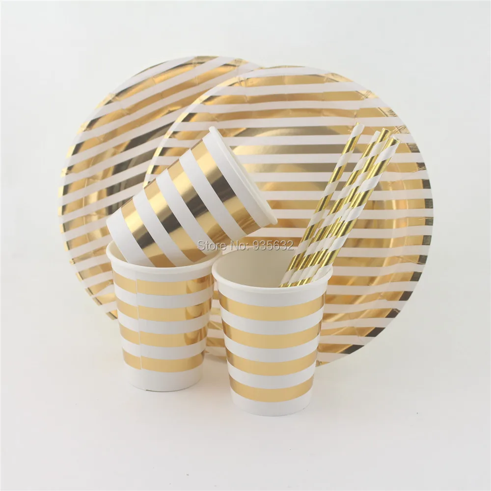 

73 шт./лот Золотая полосатая Роскошная вечерняя посуда набор бумажных тарелок бумажные стаканчики бумажные соломинки