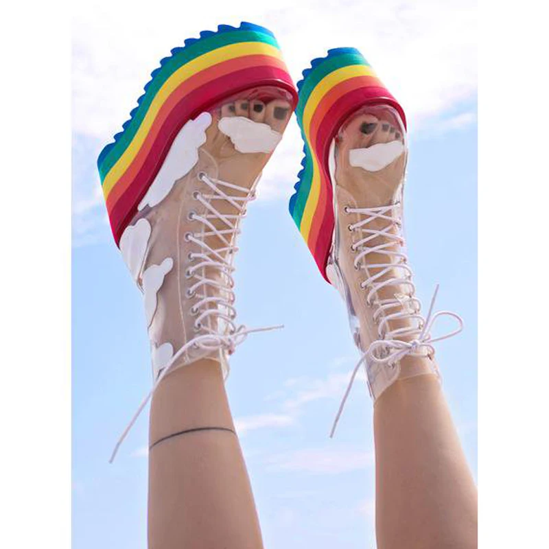 Новинка 2019 Модные прозрачные Яркие ботинки на толстой радужной подошве из ПВХ и