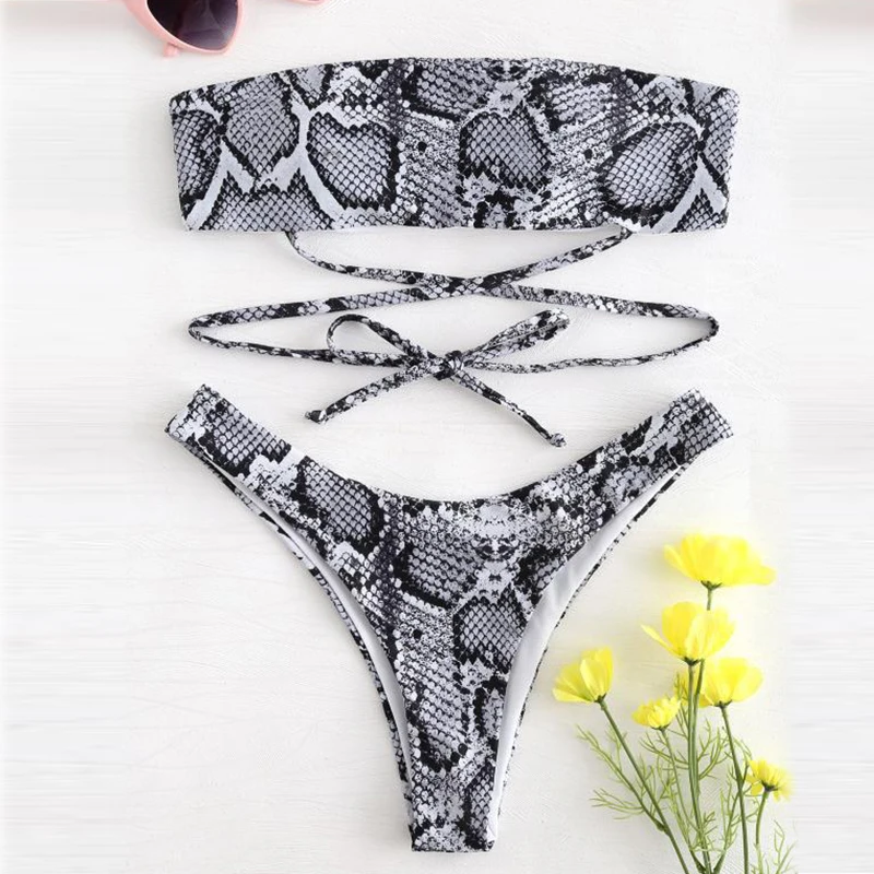 В X бикини со змеиным принтом 2019 сексуальные стринги с высоким вырезом женский