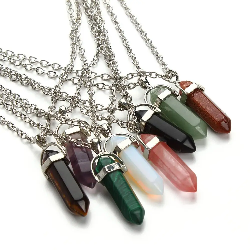 

Hot Sale Hexagonal Column Quartz Necklaces Pendants Vintage Natural Stone Bullet Pink Crystal Pendant Necklace For Women Jewelry