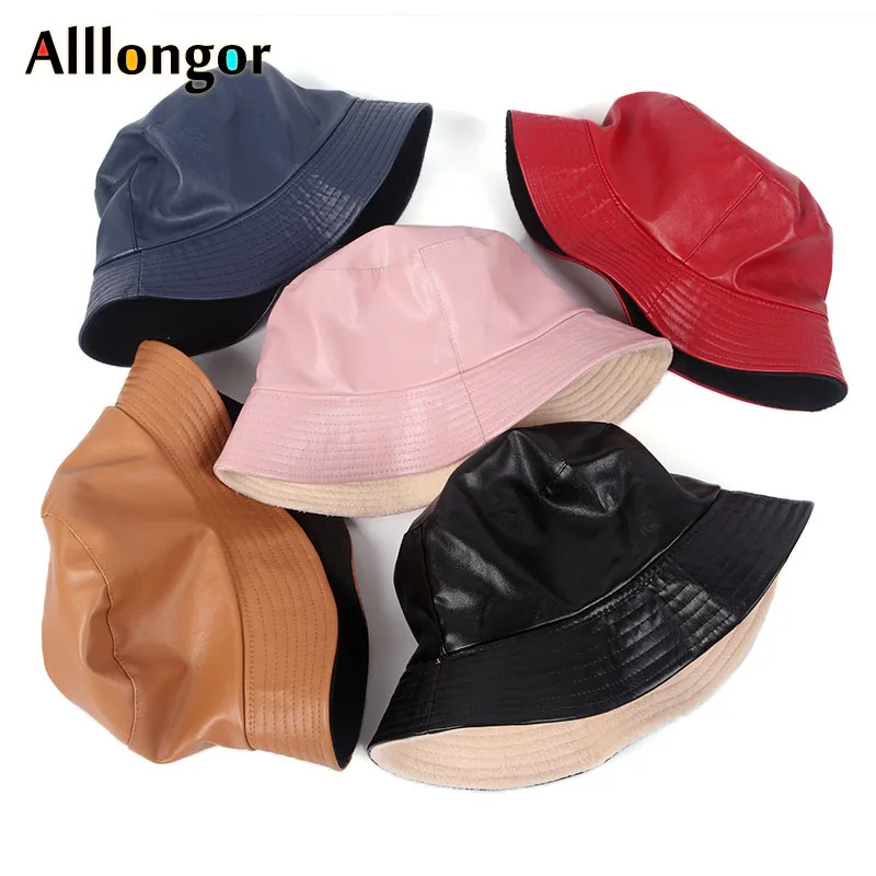 

Fashion 2020 Leather Winter Black Bucket Hats Men Solid Flat Fishing hat chapeu bucket Women Caps Hip Hop harajuku panama