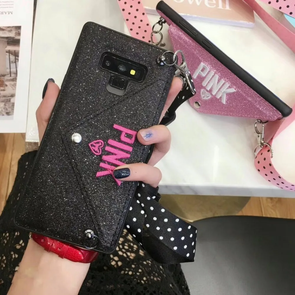 Luxury PINK Glitter Embroidery Leather Lanyard Fashion Brand Case for iPhone XR XS MAX 7 8 6 s Plus X samsung note8 9 secret |