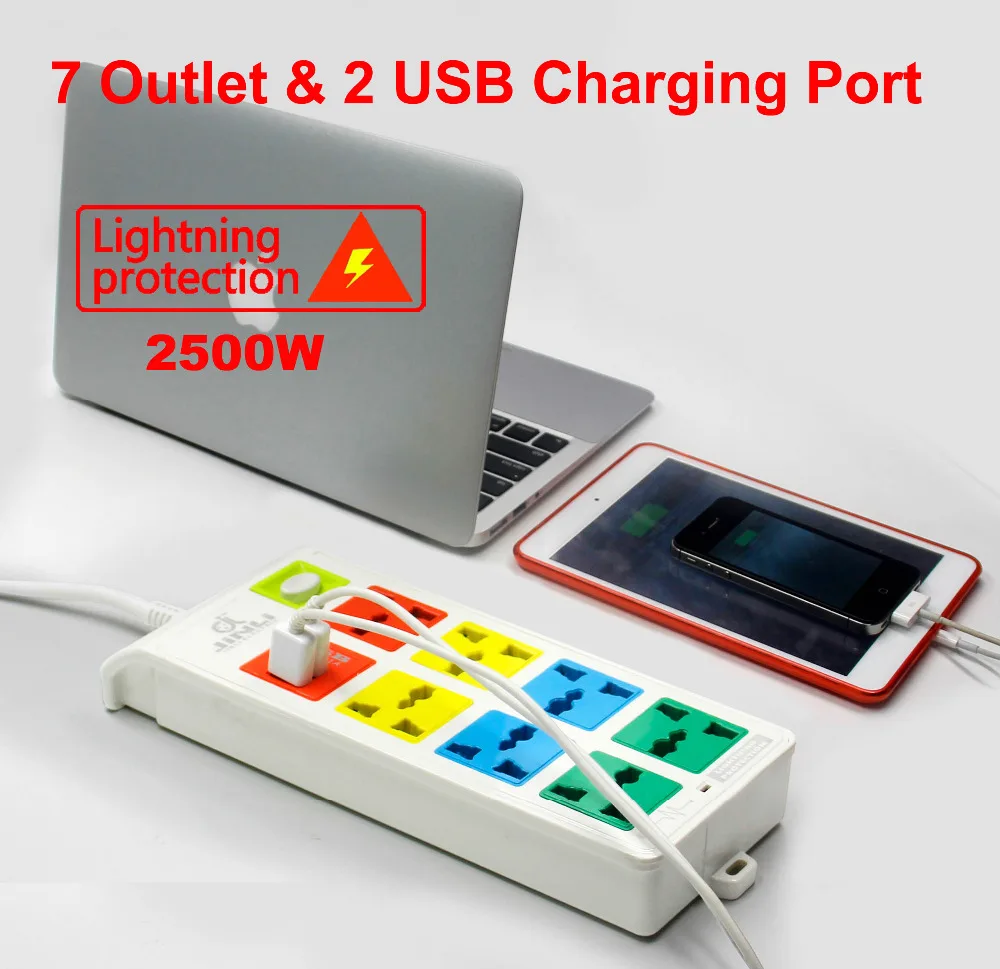 Универсальный сетевой фильтр с 7 розетками и 2 USB портами для зарядного устройства